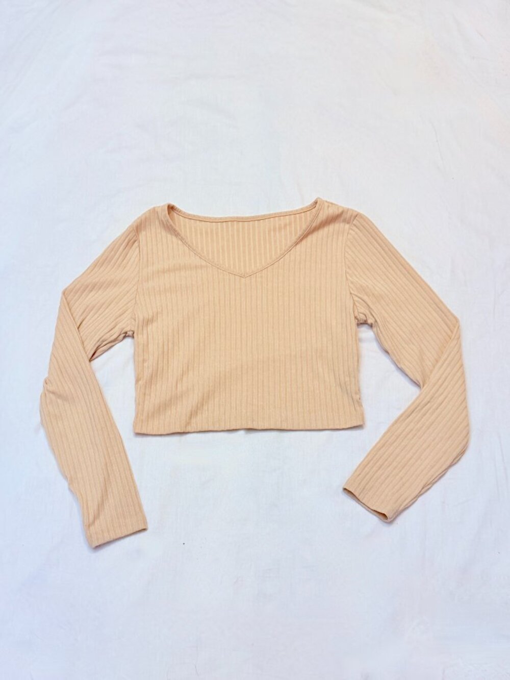 SHEIN Curve Ribbed V-Neck Long Sleeve Crop Top Beige 0XL